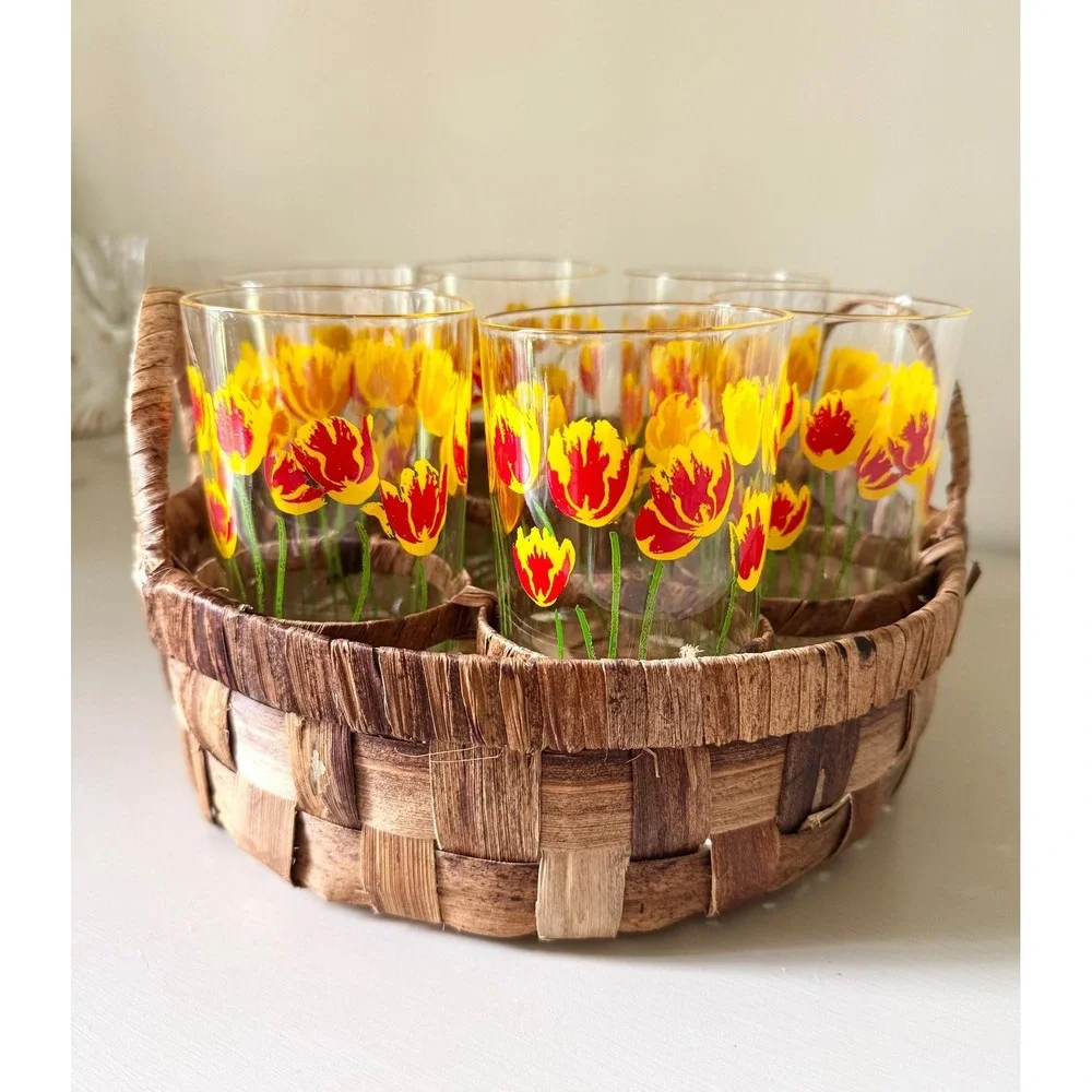 Jane Lynn Tulip Juice Glasses Set | MCM Retro Floral Tumblers, Woven Caddy
